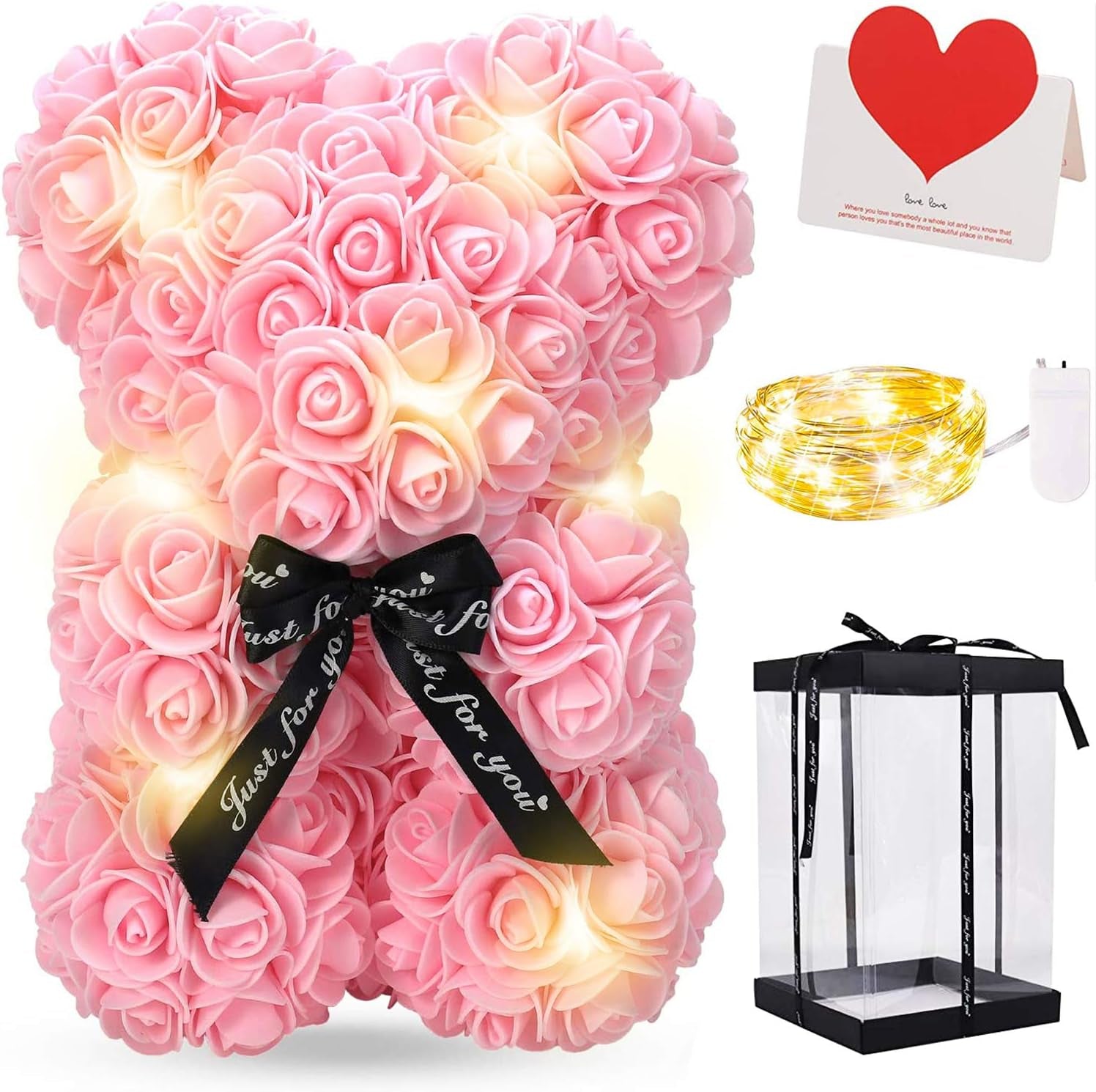 Rose Bear Teddy Flower, Rose Bear with Lights, Best Gift for Valentines Day, Anniversary, Mothers Day, Birthdays, Including Transparent Gift Box and Love Card (Pink)