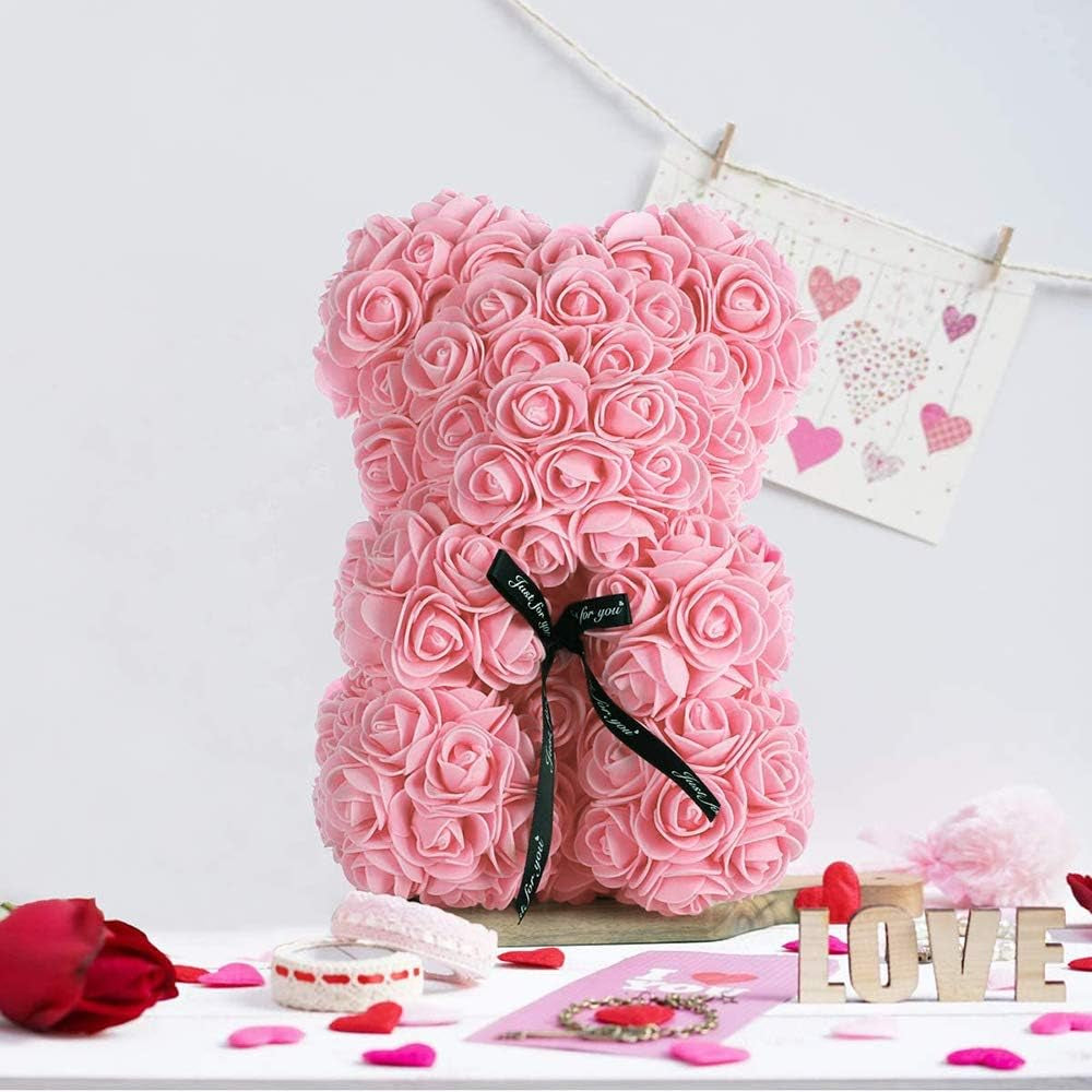 Rose Bear Teddy Flower, Rose Bear with Lights, Best Gift for Valentines Day, Anniversary, Mothers Day, Birthdays, Including Transparent Gift Box and Love Card (Pink)