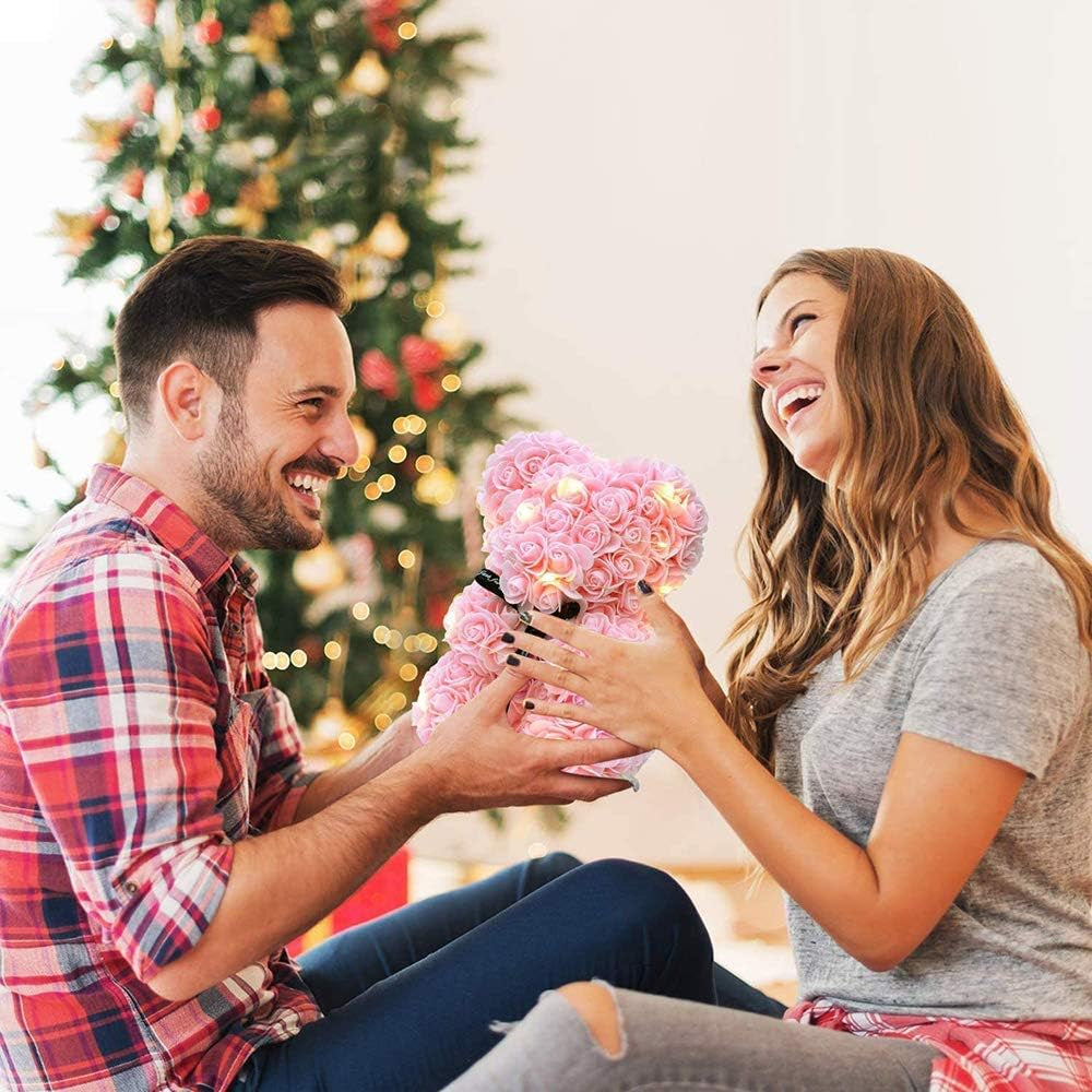 Rose Bear Teddy Flower, Rose Bear with Lights, Best Gift for Valentines Day, Anniversary, Mothers Day, Birthdays, Including Transparent Gift Box and Love Card (Pink)