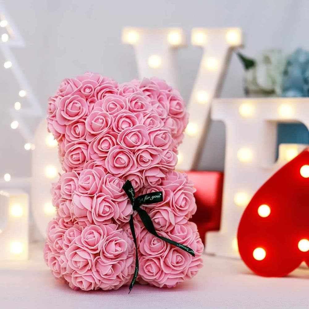 Rose Bear Teddy Flower, Rose Bear with Lights, Best Gift for Valentines Day, Anniversary, Mothers Day, Birthdays, Including Transparent Gift Box and Love Card (Pink)