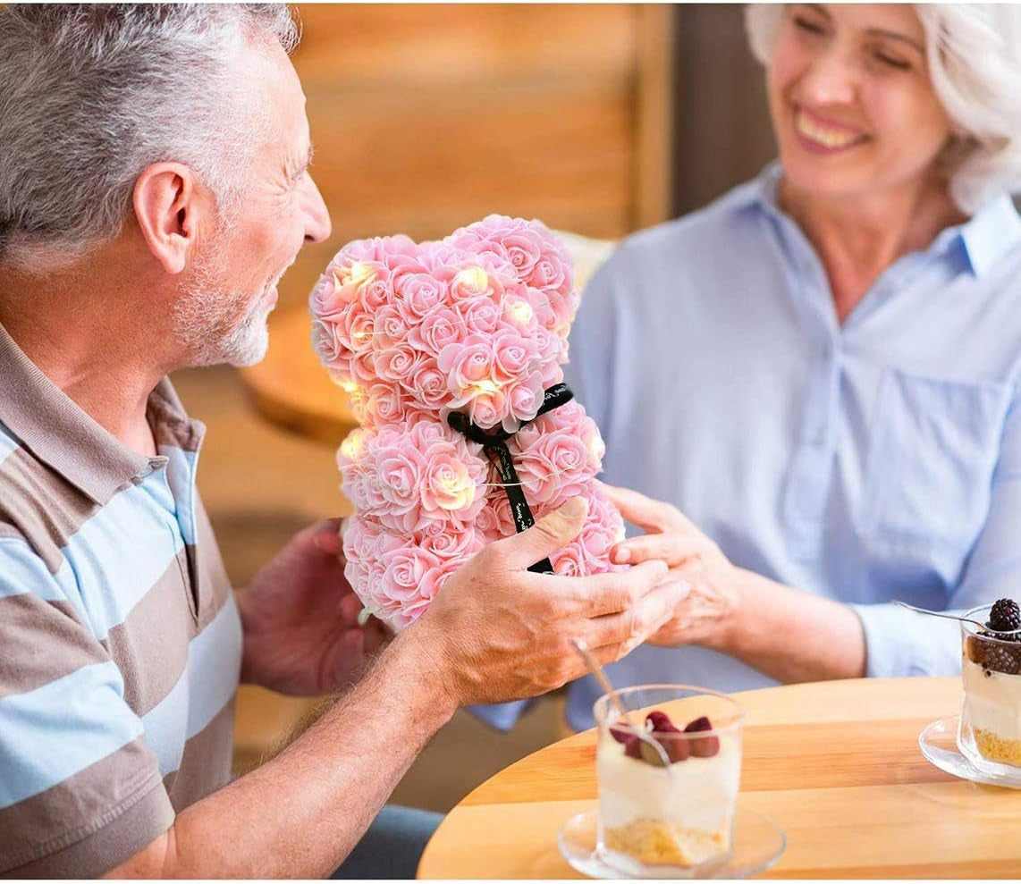 Rose Bear Teddy Flower, Rose Bear with Lights, Best Gift for Valentines Day, Anniversary, Mothers Day, Birthdays, Including Transparent Gift Box and Love Card (Pink)